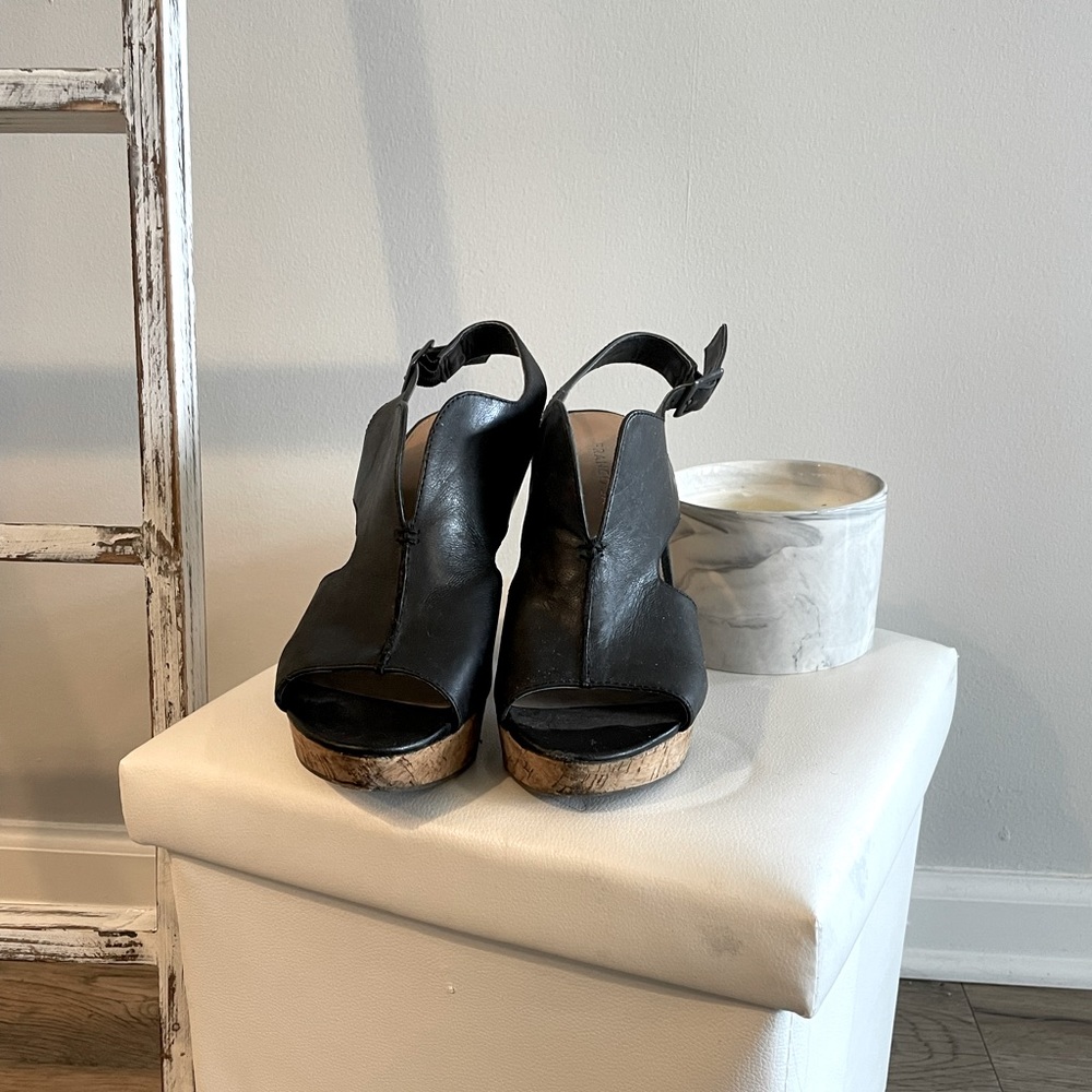Women’s cork and black leather wedges